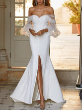 Mesh Langarm Weiß Temperament Split Abendkleid Brautkleid